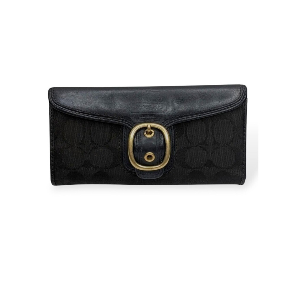 Vintage Coach Bleeker Black Signature Jacquard Canvas & Leather Buckle Wallet